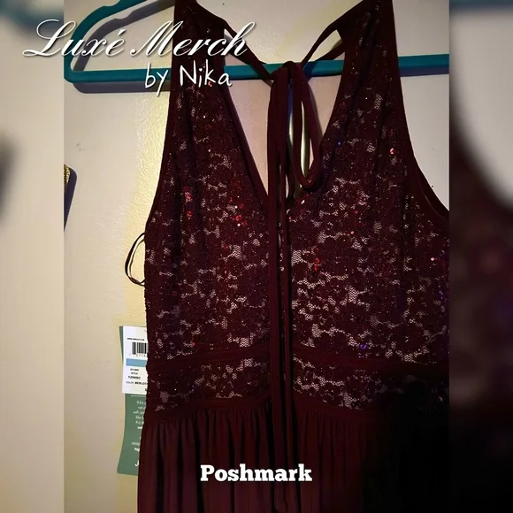 Morgan & Co Sequined Halter Maxi Formal Mermaid Dress - Color Merlot/Nude Size 5 - Picture 2 of 10